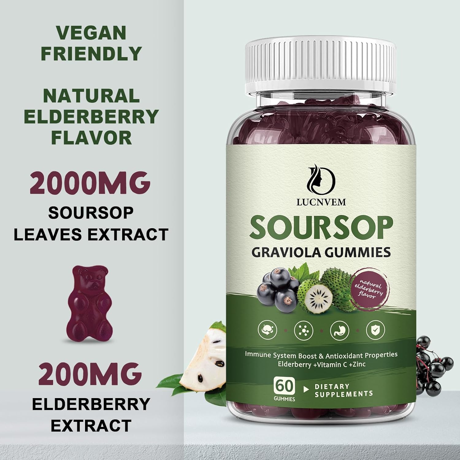 Organic Soursop Graviola Gummies with Elderberry for Antioxidant & Immune Support - Vegan Friendly, 60 Day Supply