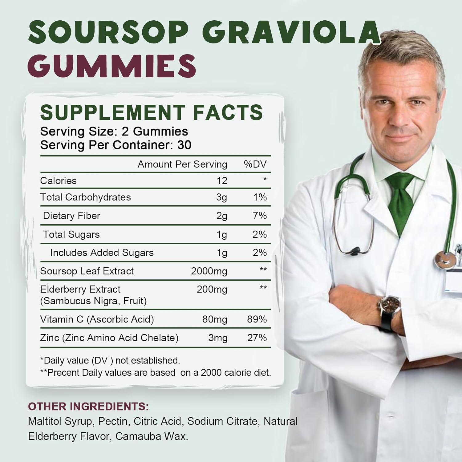 Organic Soursop Graviola Gummies with Elderberry for Antioxidant & Immune Support - Vegan Friendly, 60 Day Supply