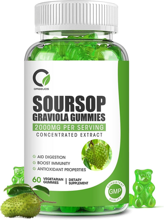 Organic Soursop Graviola Gummies with Vitamin C, Zinc, Digestive Aid - Immune Support, Antioxidant - 60 Gummies, Gluten-Free, Vegan