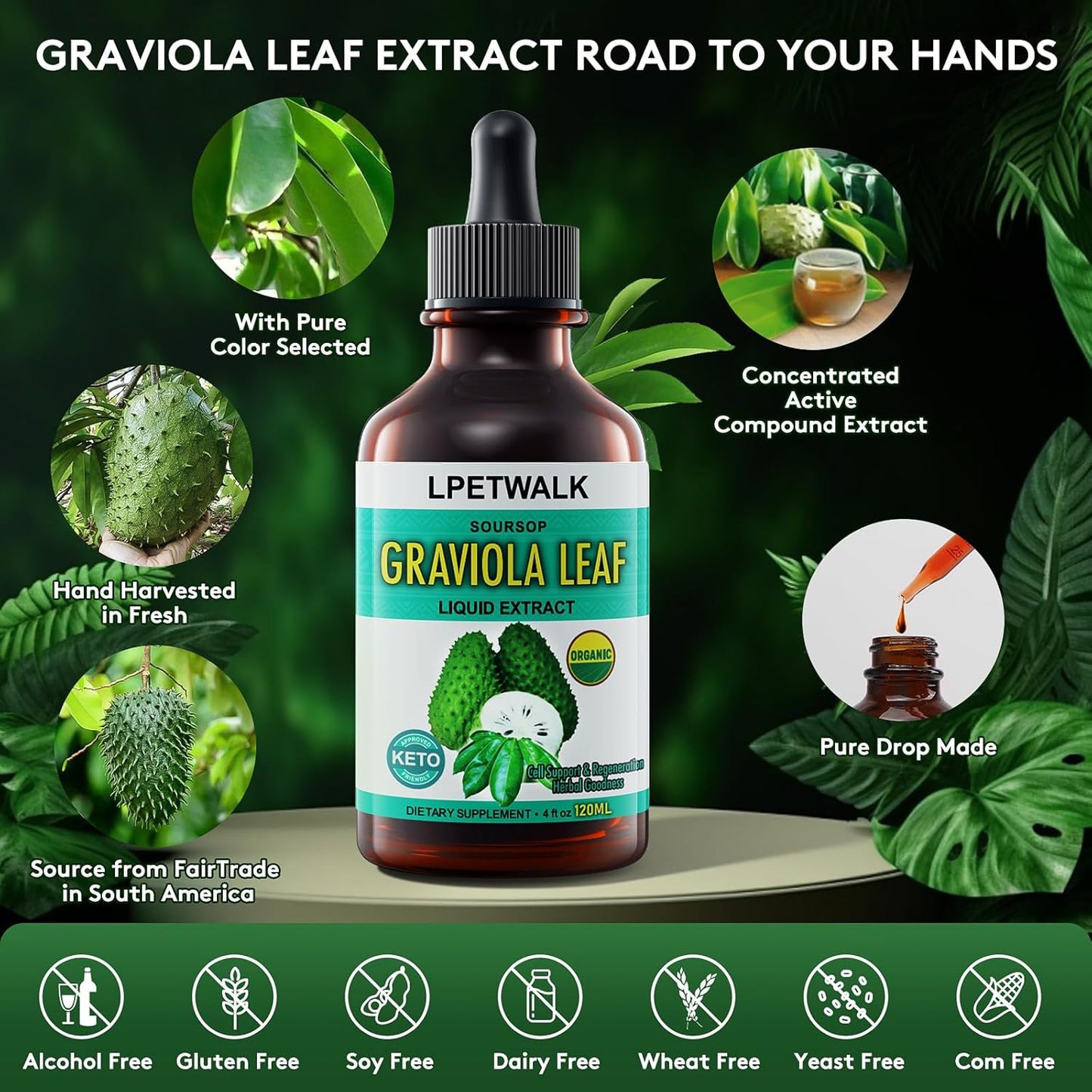 Organic Soursop Graviola Leaf Extract Liquid Drops - 4 fl oz (120ml) - 98% Absorption, Big Capacity
