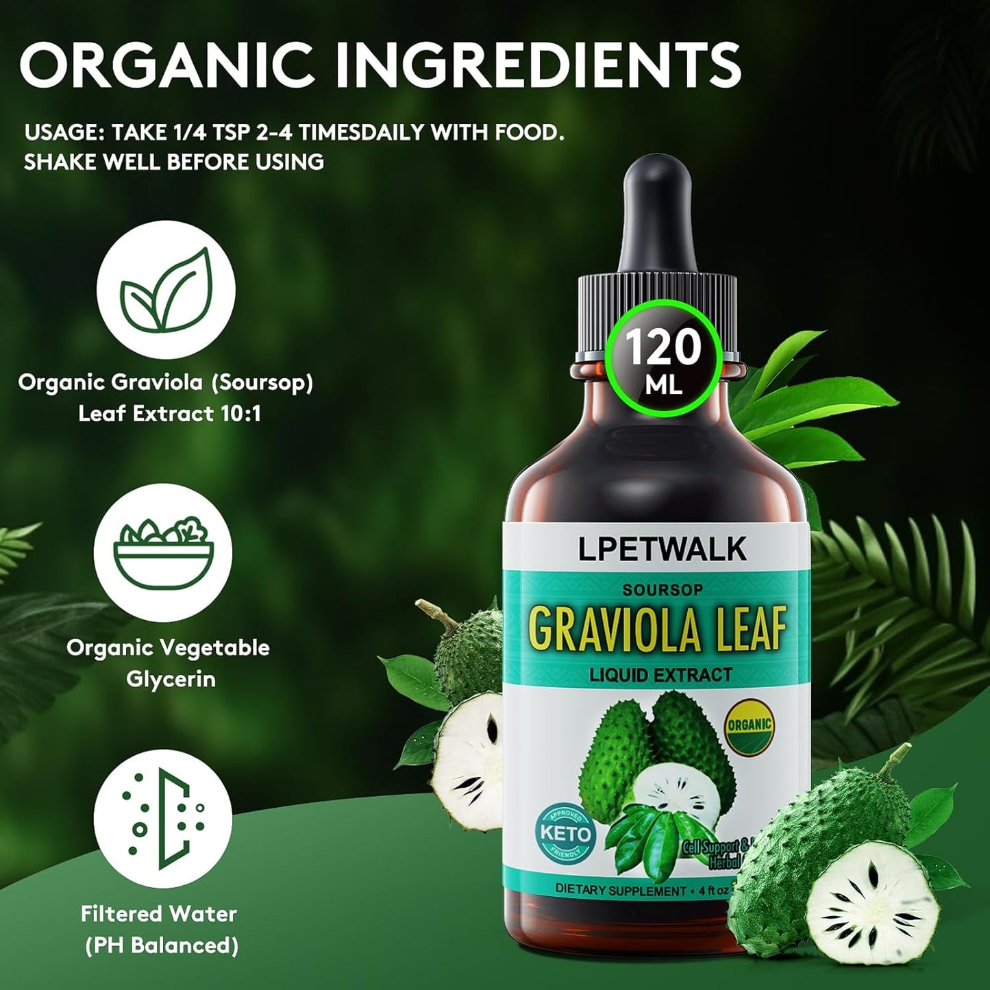 Organic Soursop Graviola Leaf Extract Liquid Drops - 4 fl oz (120ml) - 98% Absorption, Big Capacity