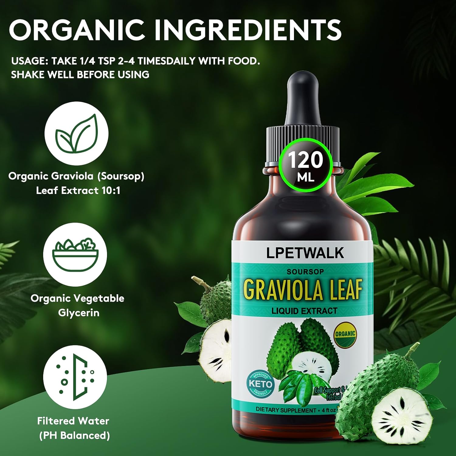 Organic Soursop Graviola Leaf Extract Liquid Drops - 4 fl oz (120ml) - 98% Absorption, Big Capacity