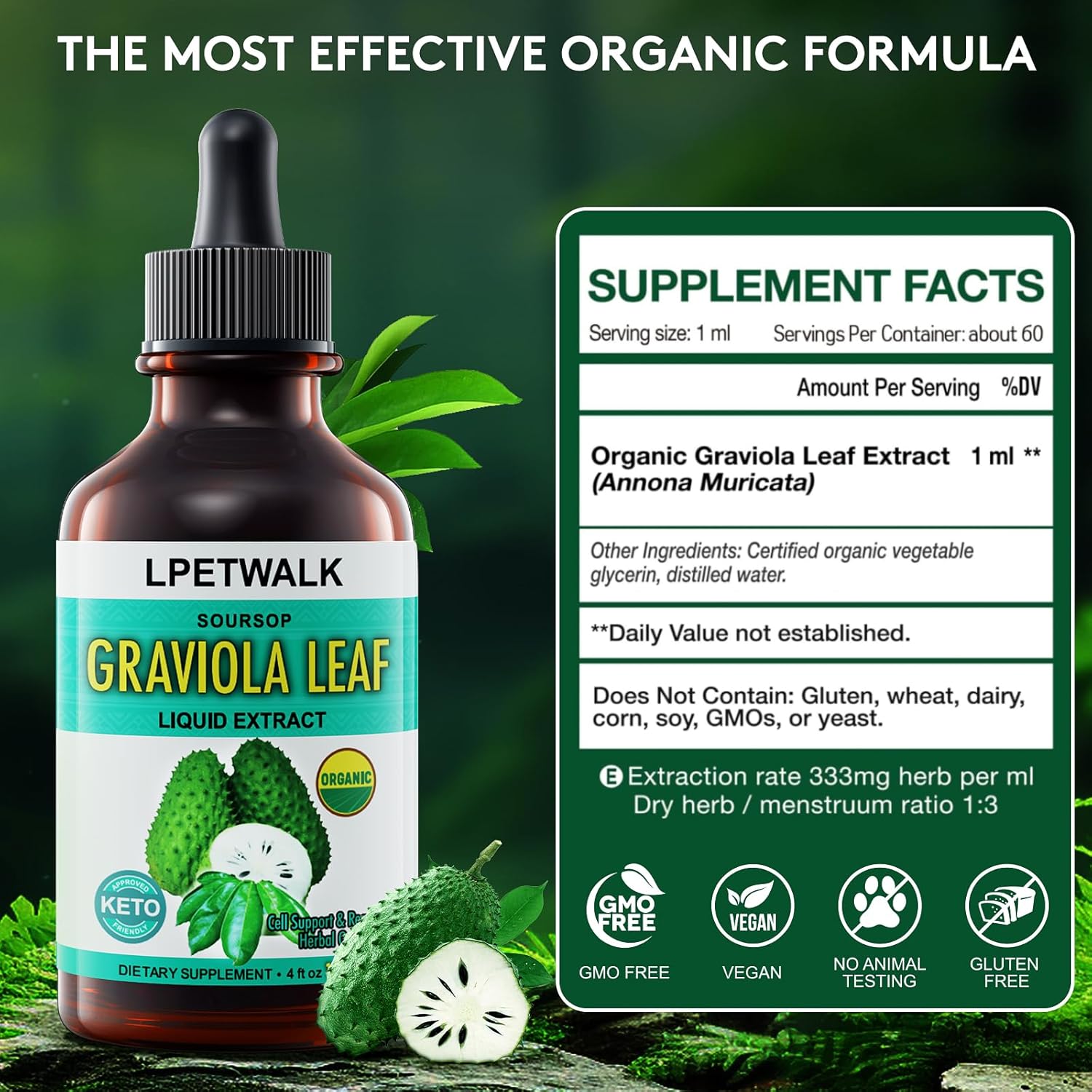 Organic Soursop Graviola Leaf Extract Liquid Drops - 4 fl oz (120ml) - 98% Absorption, Big Capacity
