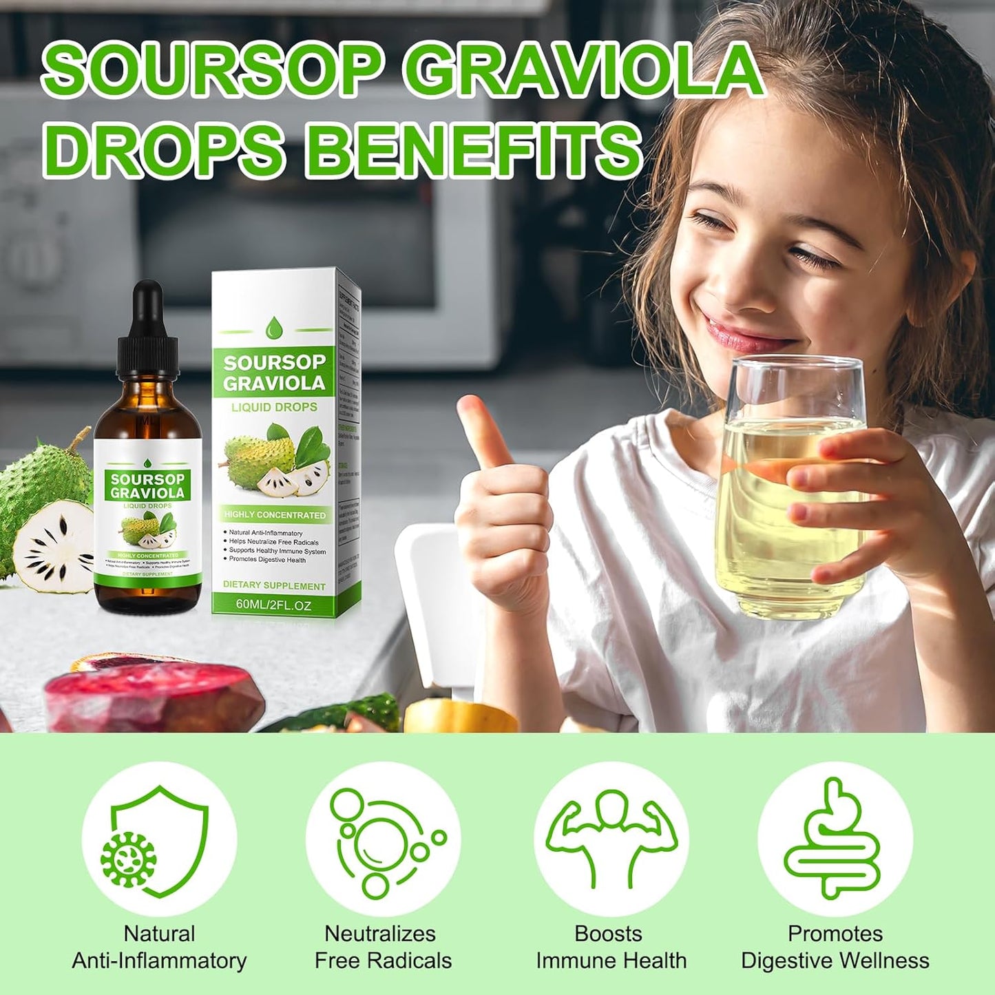 Organic Soursop Graviola Liquid Drops 1800mg - Herbal Antioxidant Support for Immune Health & Cell Function