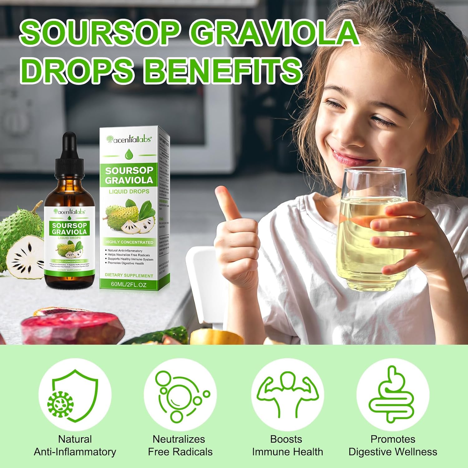 Organic Soursop Graviola Liquid Drops for Cell Support and Immune Health - 2 Fl Oz
