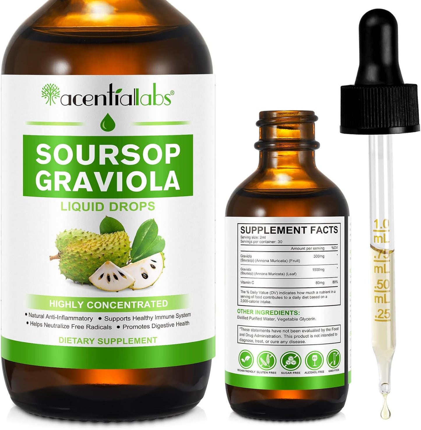 Organic Soursop Graviola Liquid Drops for Immune Support and Cell Health - 2 Fl Oz, No Sugar/Gluten - Natural Herbal Goodness