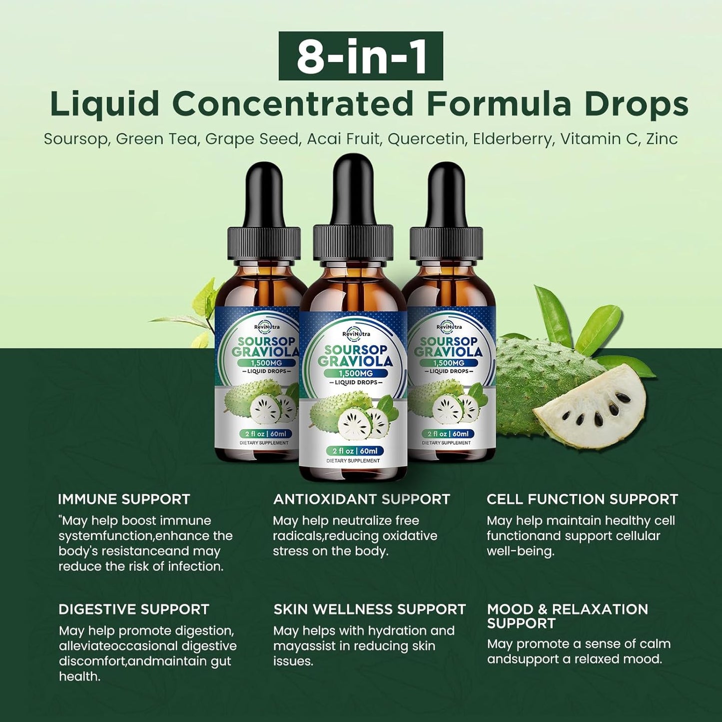 Organic Soursop Graviola Liquid Drops with Elderberry & Quercetin - Immune Boosting Herbal Supplement