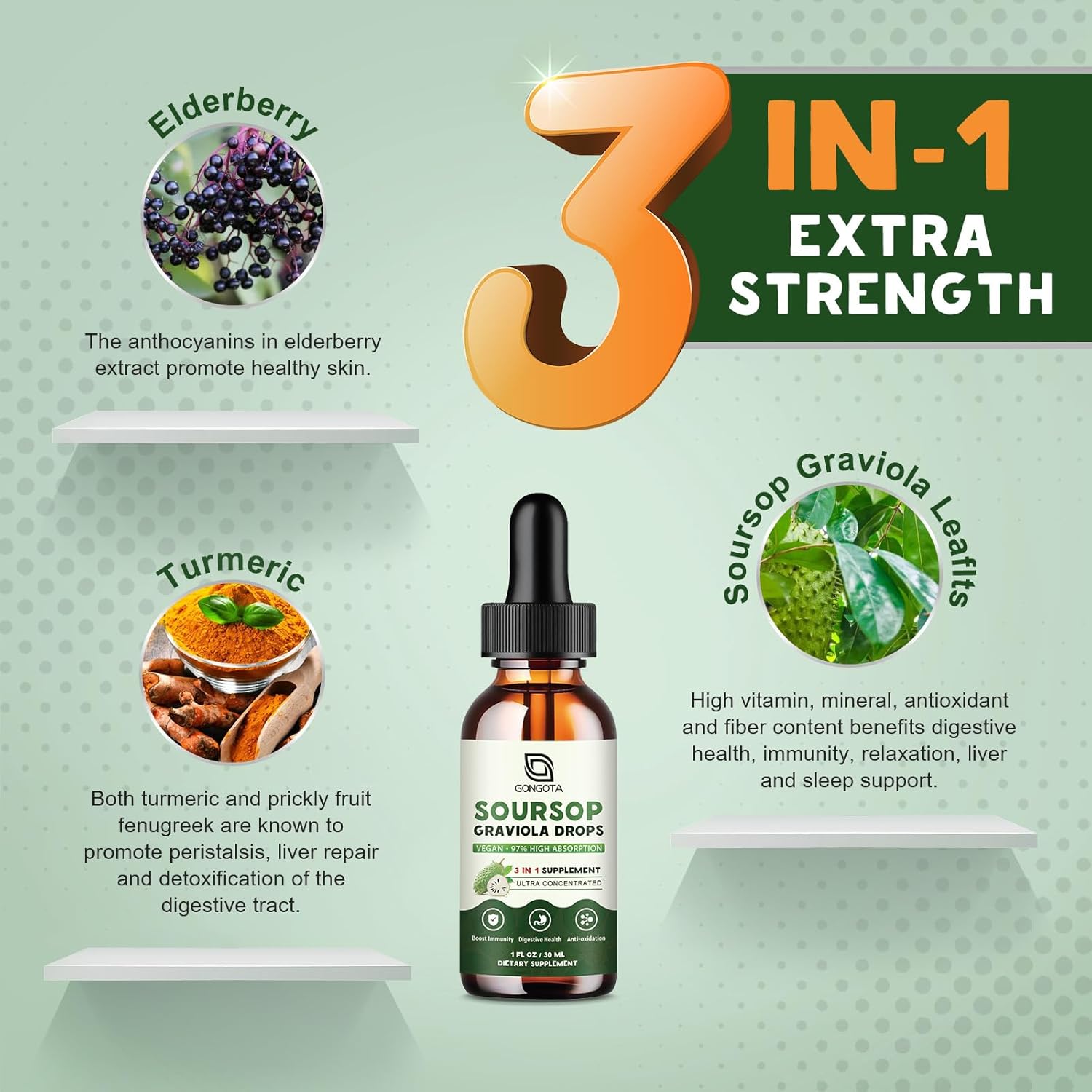 Organic Soursop Graviola Liquid Drops with Elderberry & Turmeric - Immune Support, Antioxidants - Herbal Extracts - 1 fl oz