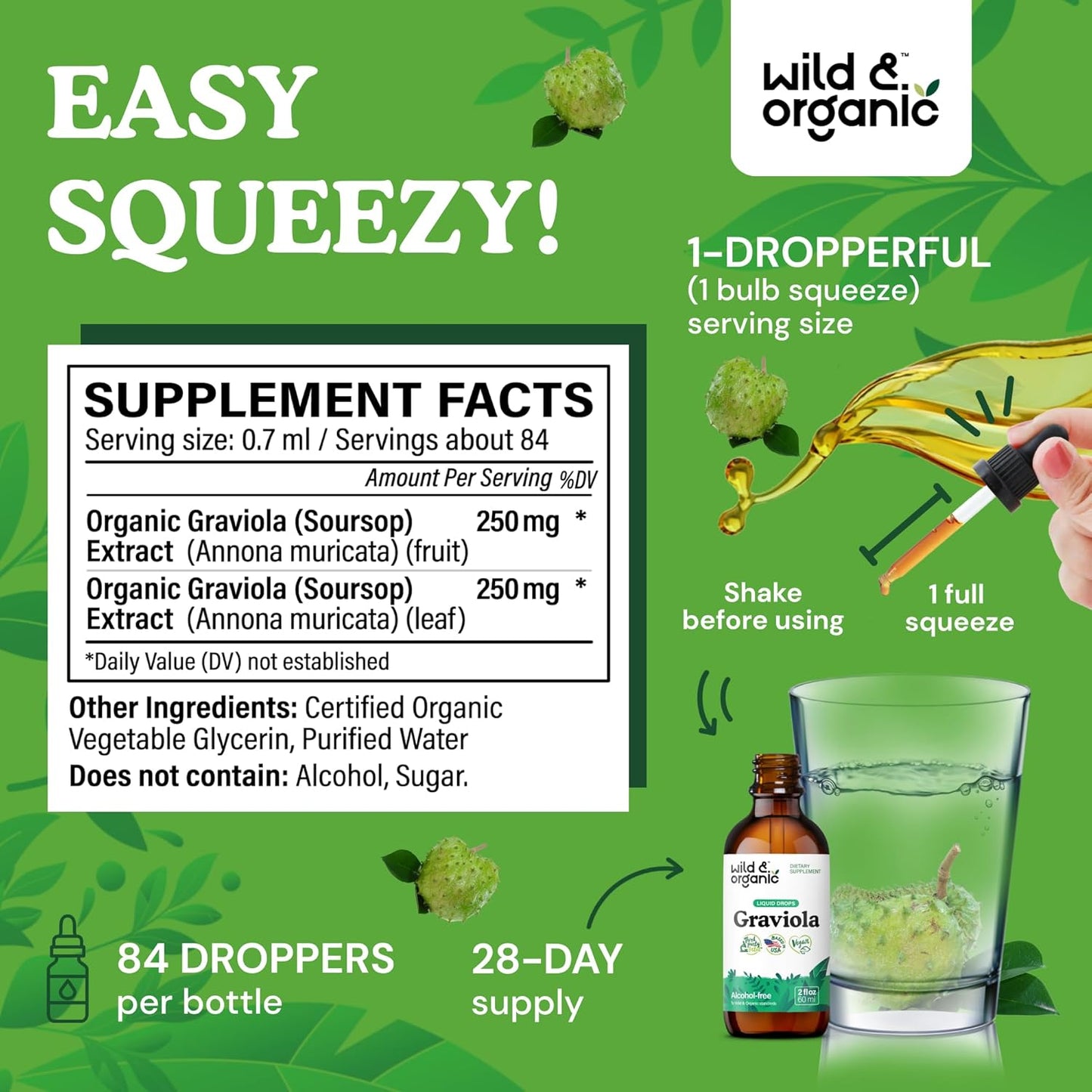 Organic Soursop Graviola Liquid Drops with Guanabana Leaves - Antioxidant Support Supplement - Vegan & Alcohol-Free - 2 fl oz