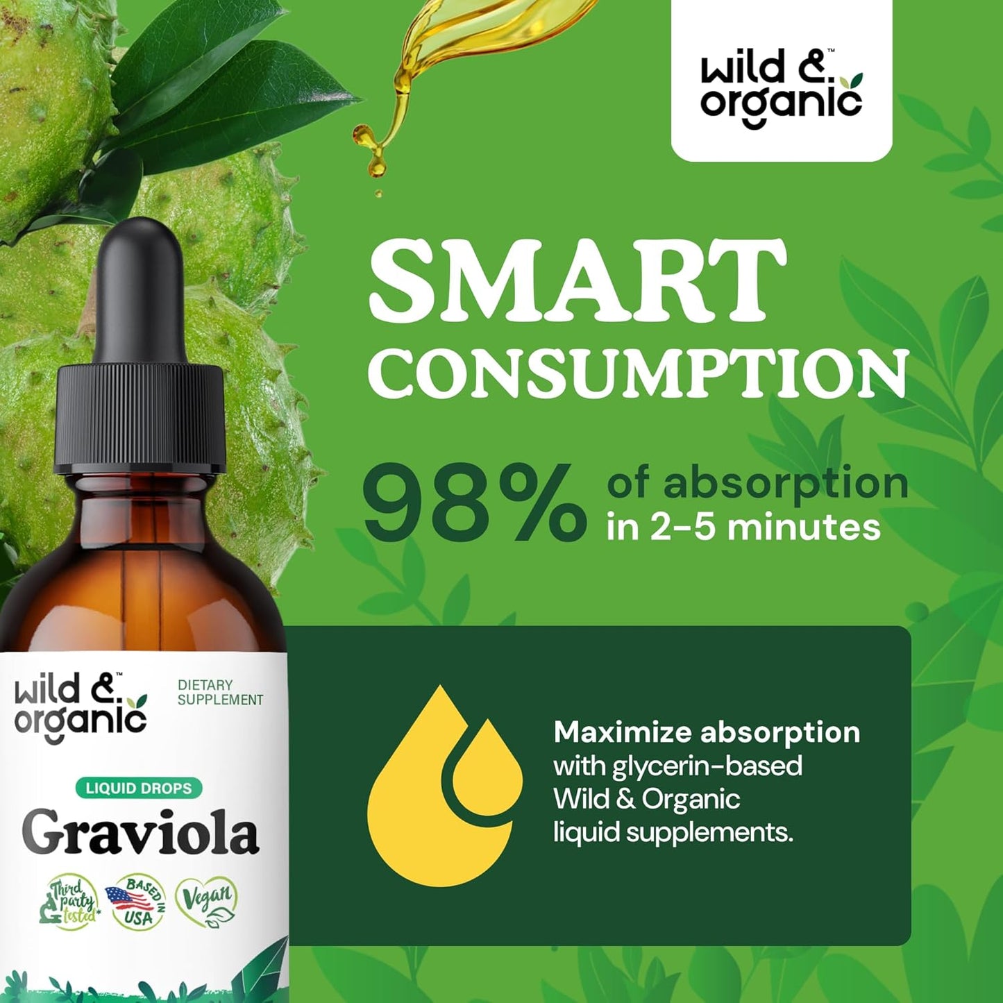 Organic Soursop Graviola Liquid Drops with Guanabana Leaves - Antioxidant Support Supplement - Vegan & Alcohol-Free - 2 fl oz