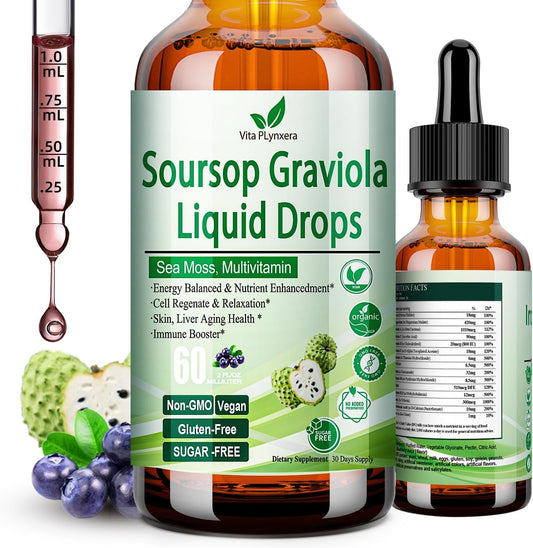 Organic Soursop Graviola Liquid Drops with Sea Moss and Grape Seed Extract for Skin and Immune Health - 2 Fl/Oz