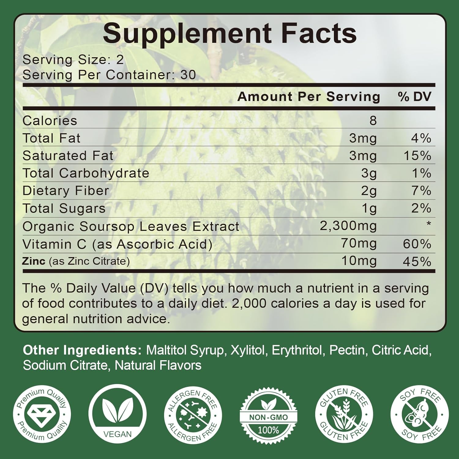 Organic Soursop Gummies with Vitamin C & Zinc for Immune Support - 2300mg Soursop Extract - Natural Antioxidant - Non-GMO, Gluten-Free - 60 Gummies