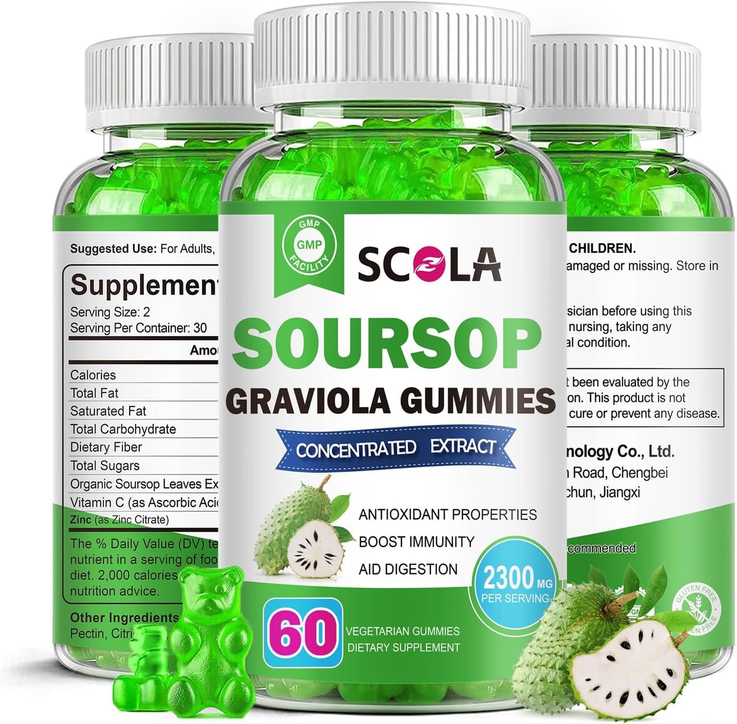 Organic Soursop Gummies with Vitamin C & Zinc for Immune Support - 2300mg Soursop Extract - Natural Antioxidant - Non-GMO, Gluten-Free - 60 Gummies