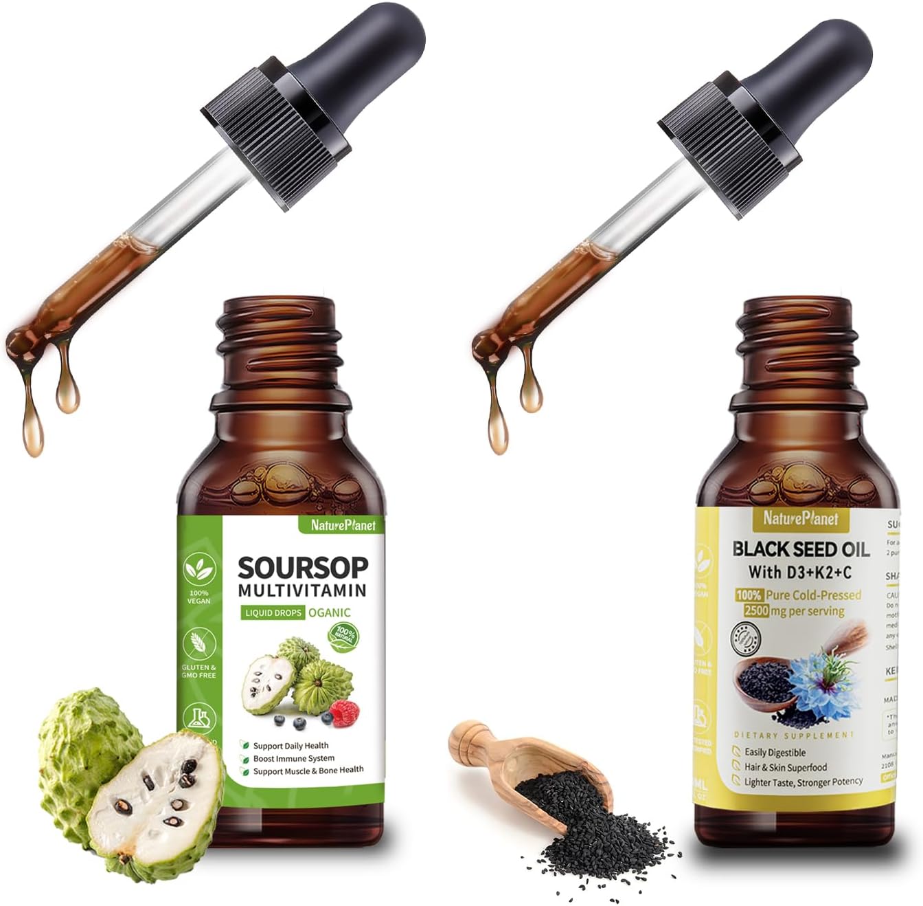Organic Soursop Multivitamin and Black Seed Oil Liquid Drops Bundle for Natural Wellness