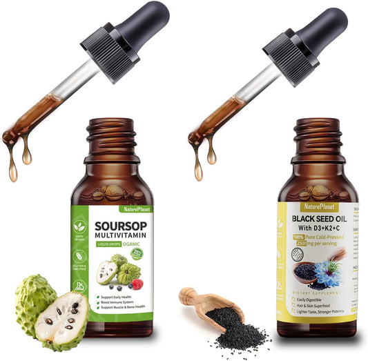 Organic Soursop Multivitamin and Black Seed Oil Liquid Drops Bundle for Natural Wellness