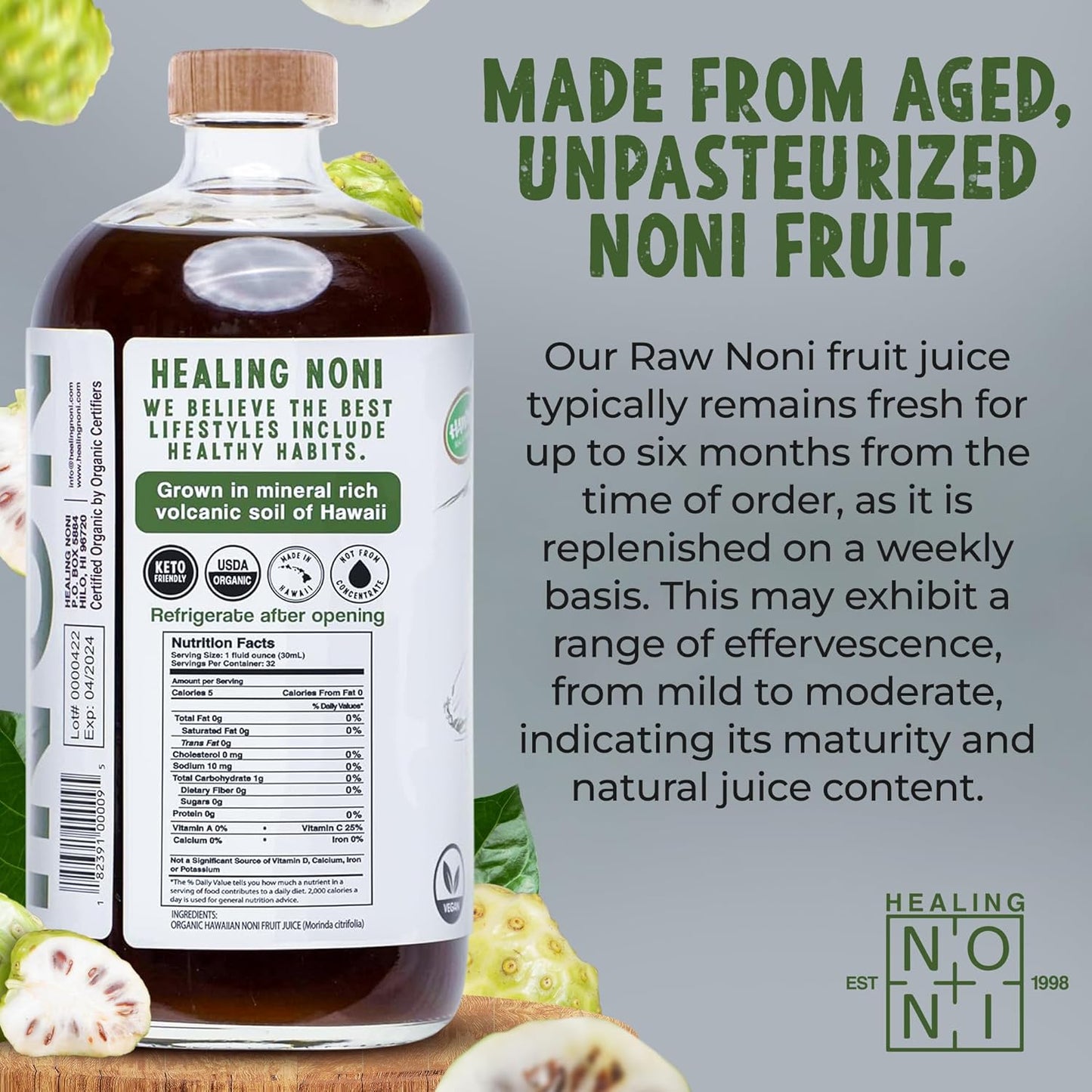 Organic Sparkling Noni Juice 32oz Glass Bottle - Fresh Unsweetened Fruit - USDA Certified - Farm Direct