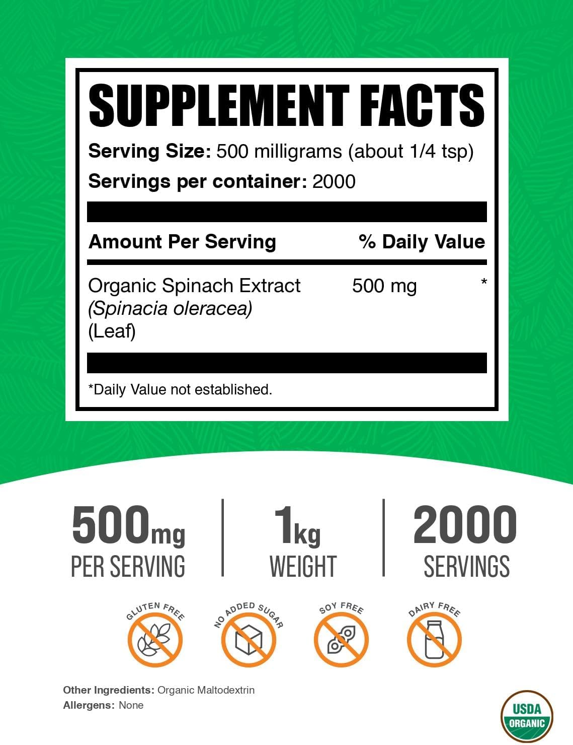 Organic Spinach Extract Powder - Herbal Supplement, Gluten Free - 500mg/serving, 1kg - Bulk Size