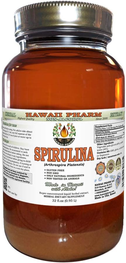 Organic Spirulina Alcohol-Free Liquid Extract - 32 fl.oz Glycerite Herbal Supplement by Hawaii Pharm
