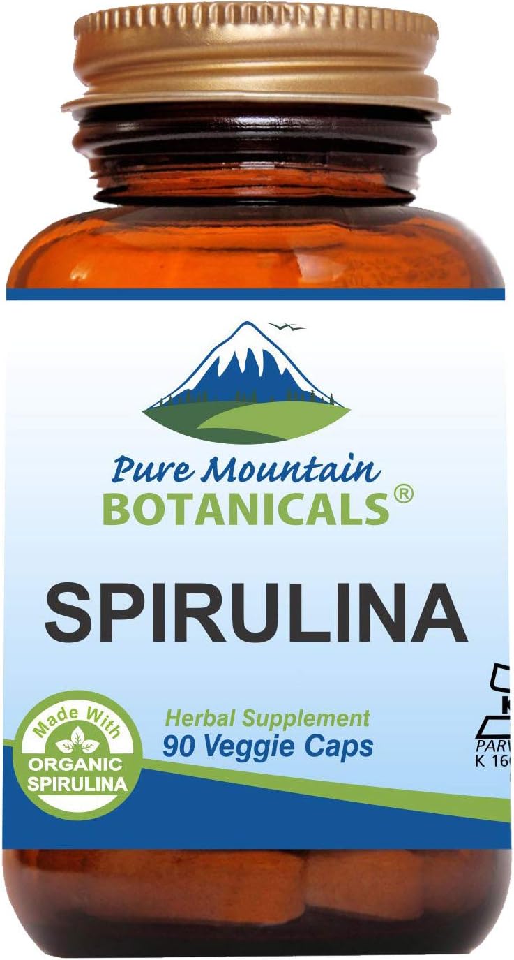 Organic Spirulina Capsules - 90 Vegan Kosher Capsules - 450mg Superfood Supplement - Pure Mountain Botanicals