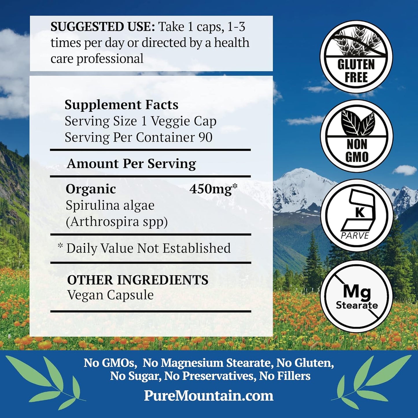 Organic Spirulina Capsules - 90 Vegan Kosher Capsules - 450mg Superfood Supplement - Pure Mountain Botanicals