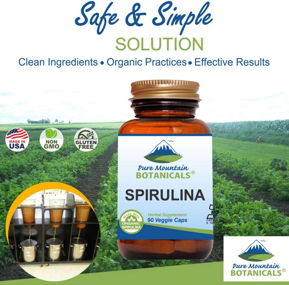 Organic Spirulina Capsules - 90 Vegan Kosher Capsules - 450mg Superfood Supplement - Pure Mountain Botanicals