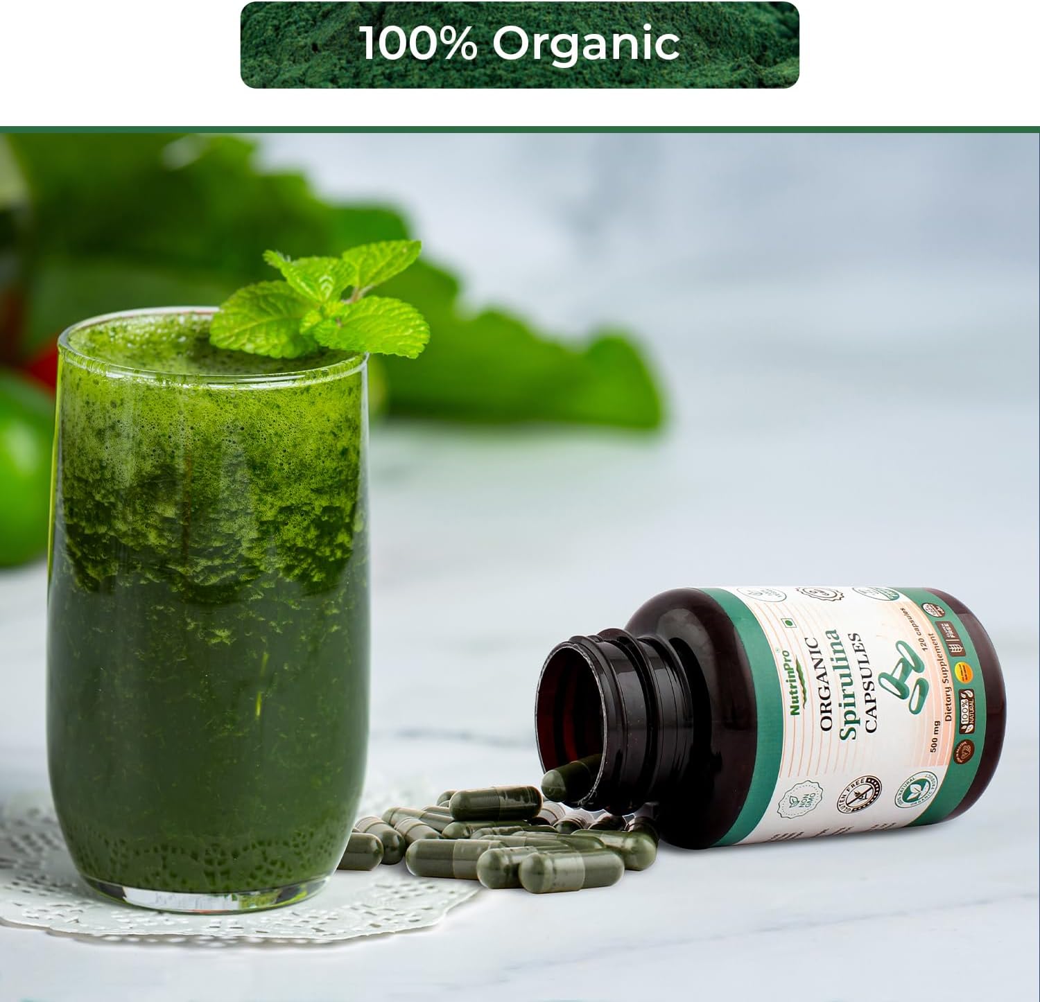 Organic Spirulina Capsules - Pure Vegan Supplement, Non-GMO, Gluten-Free, Chemical-Free (720 Caps)