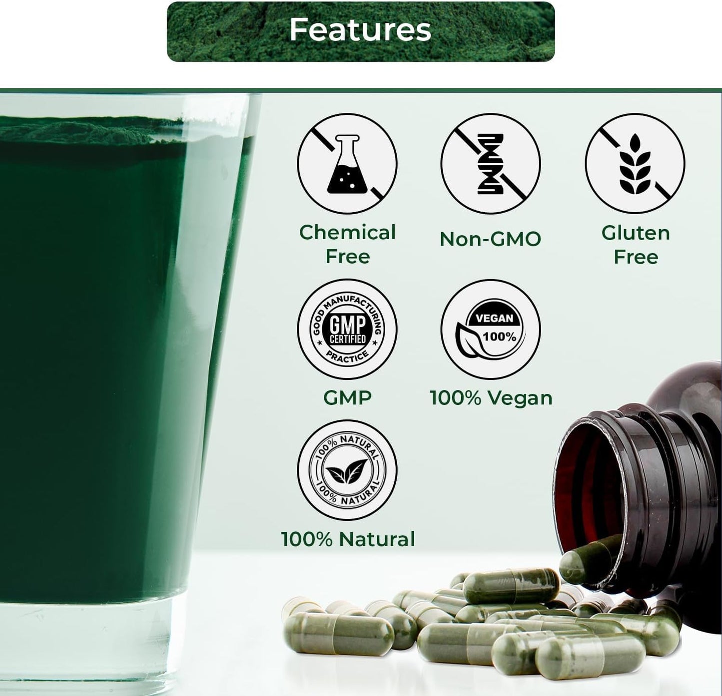 Organic Spirulina Capsules - Vegan Supplement, Non-GMO, Gluten-Free, Chemical-Free (240 Count)