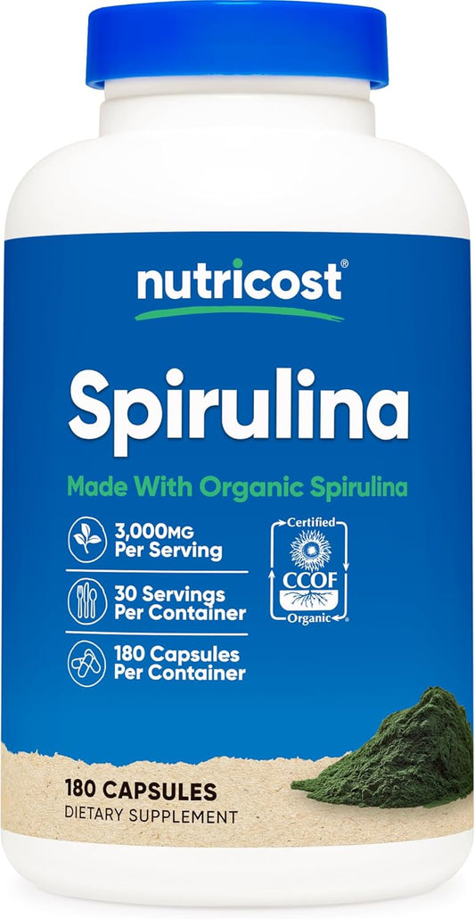 Organic Spirulina Capsules 3,000mg - 180 Count, Vegetarian & Gluten Free - CCOF Certified, 30 Servings