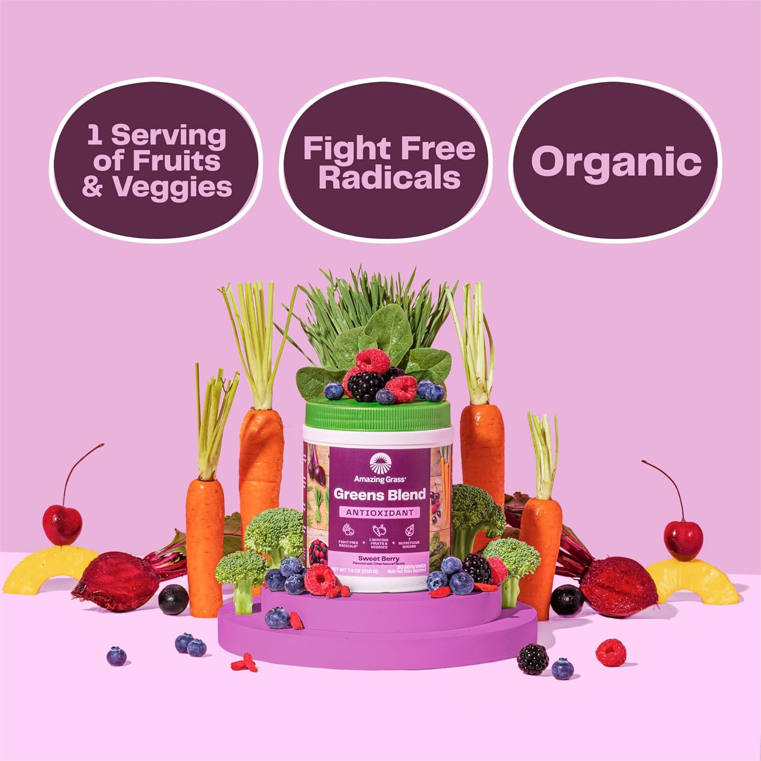 Organic Spirulina & Elderberry Greens Superfood Antioxidant Powder with Probiotics - Sweet Berry Flavor, 15 Servings