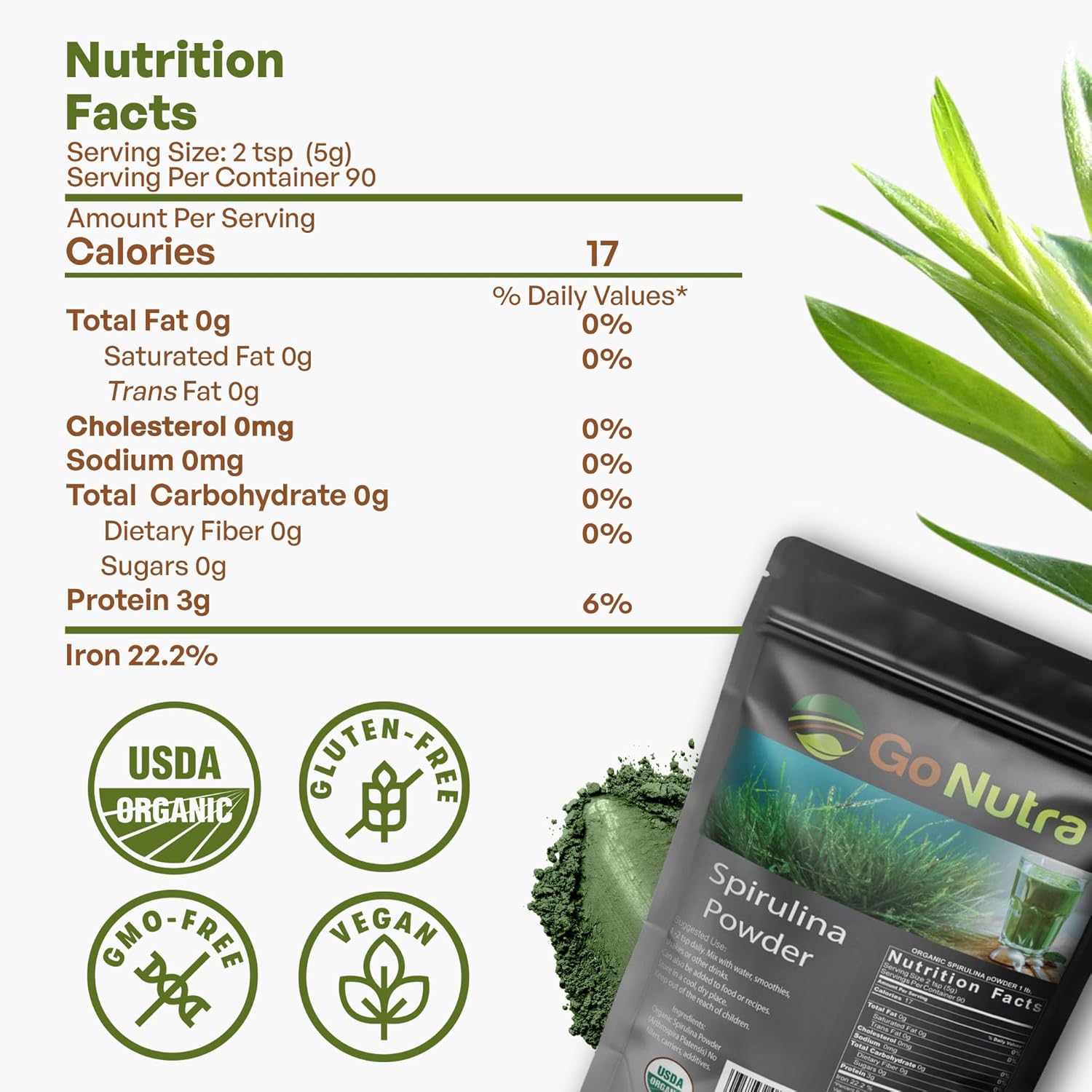 Organic Spirulina Powder - Non GMO Superfood Rich in Antioxidants, Minerals, Fiber & Protein - Vegan-Friendly - 1 lb.
