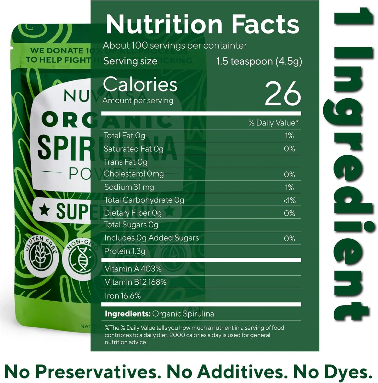 Organic Spirulina Powder 1lb – Pure Superfood Supplement from Blue Green Algae, Non GMO, Vegan, USDA Certified Organic - 100 Servings