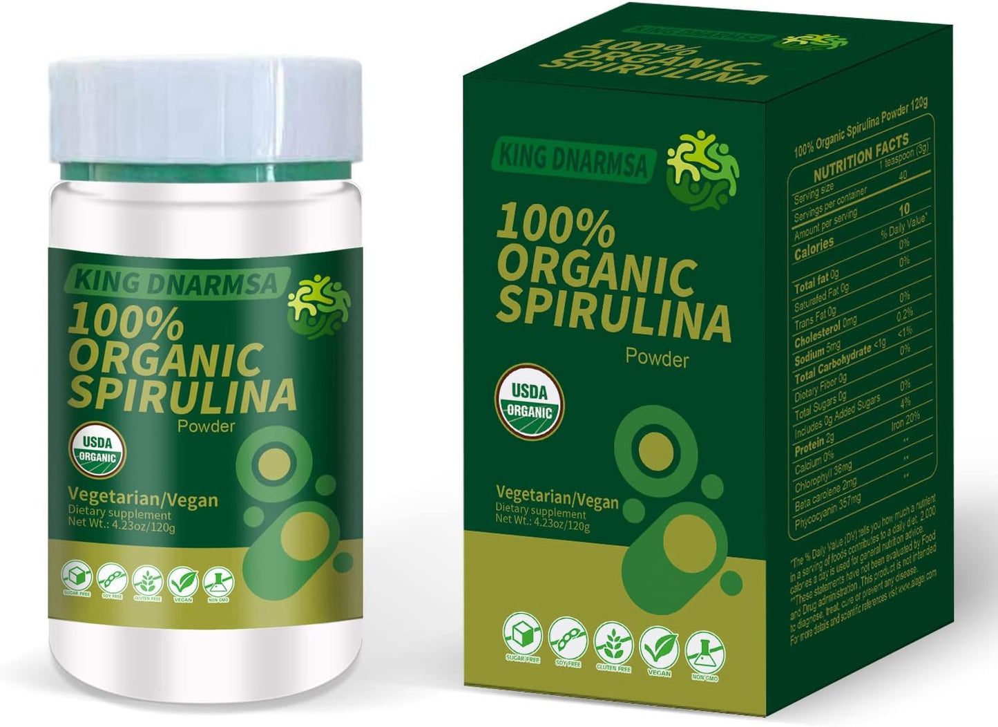 Organic Spirulina Powder 4.23oz/120g - Rich in Beta-Carotene and B-12 - Non-GMO Superfood Supplement - KING DNARMSA Certified