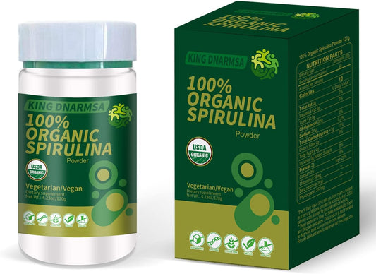 Organic Spirulina Powder 4.23oz/120g - Rich in Beta-Carotene and B-12 - Non-GMO Superfood Supplement - KING DNARMSA Certified