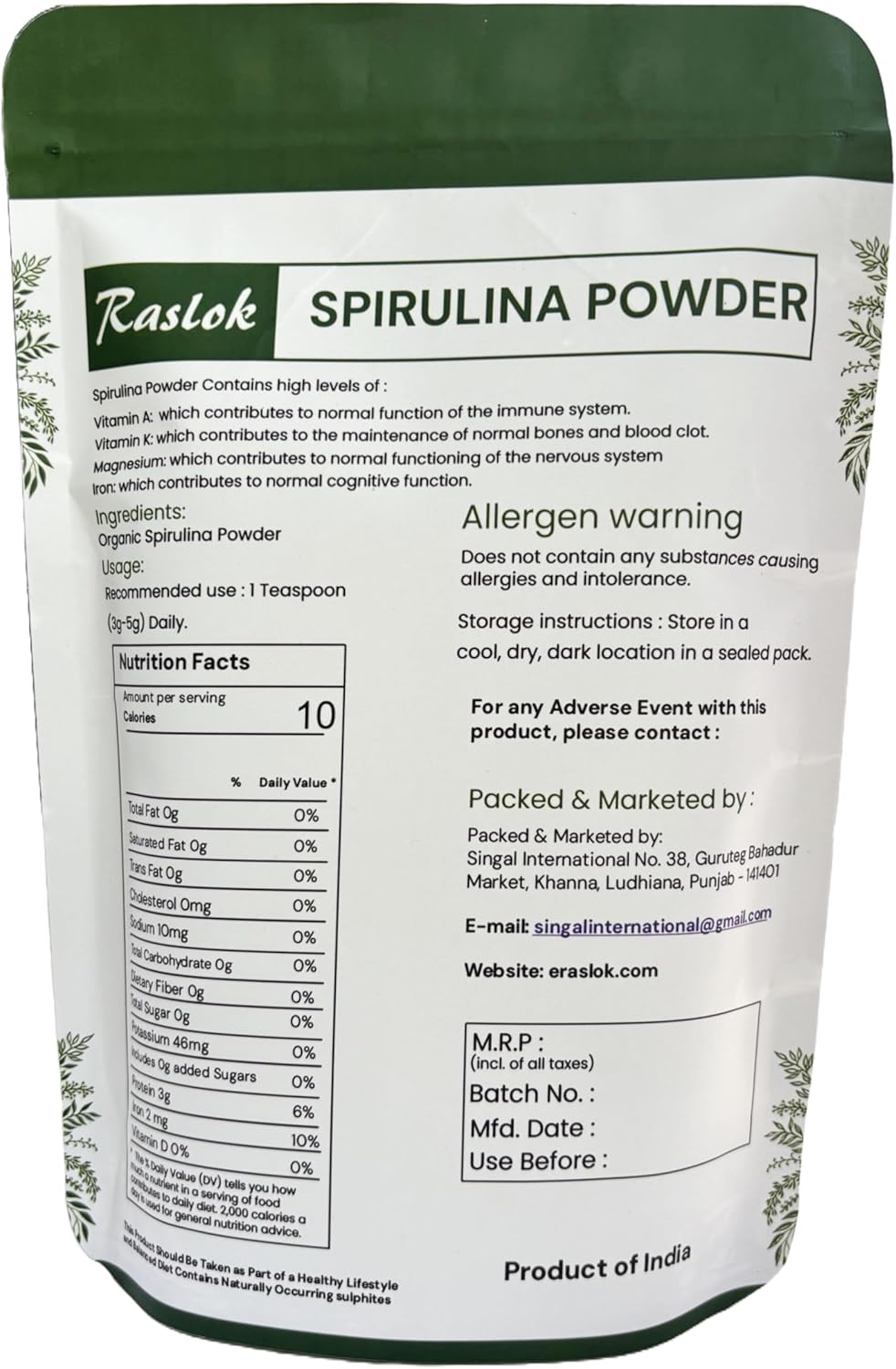 Organic Spirulina Powder for Immune Support & Antioxidants | Non-GMO & Filler-Free | High Protein Vegan Supplement (3.52 Oz)