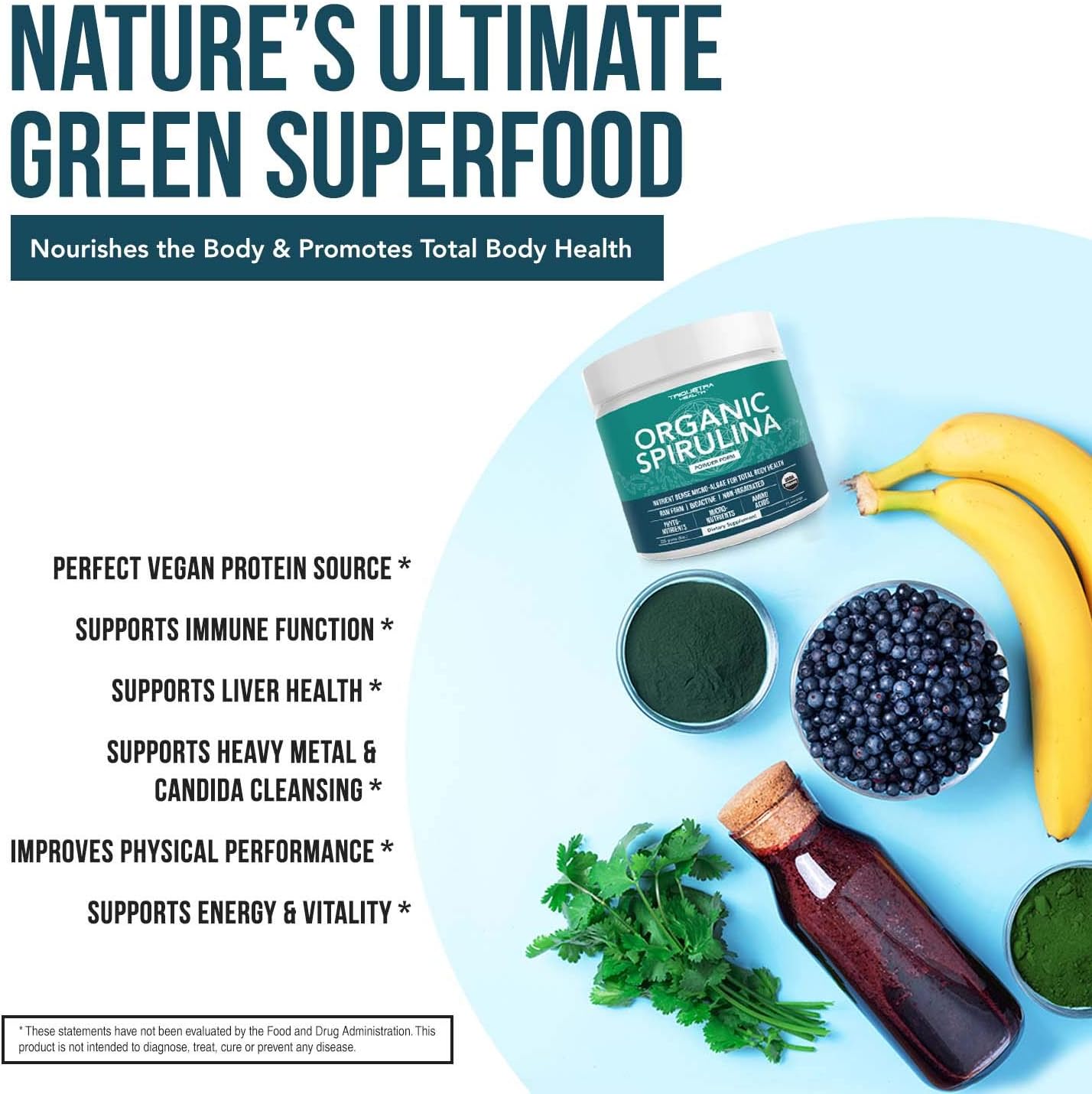 Organic Spirulina Powder with Liquid Ionic Zinc by Triquetra Health - Health Boosting Superfood Combo