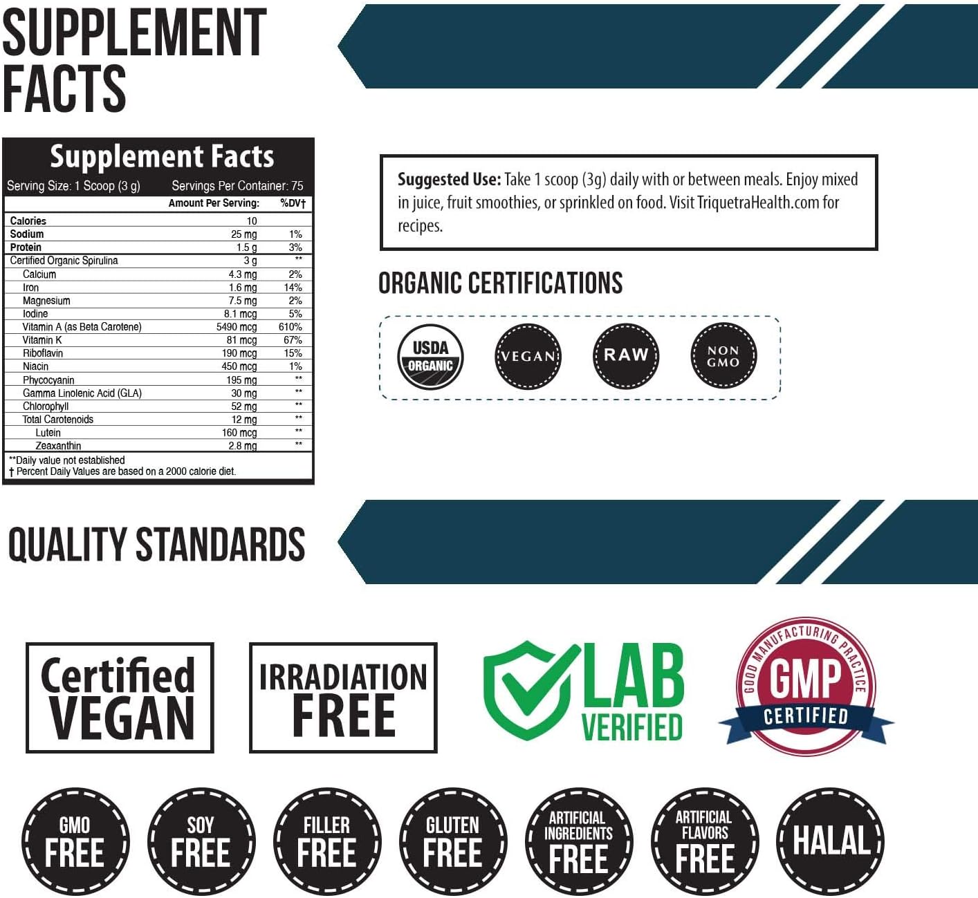 Organic Spirulina Powder with Liquid Ionic Zinc by Triquetra Health - Health Boosting Superfood Combo