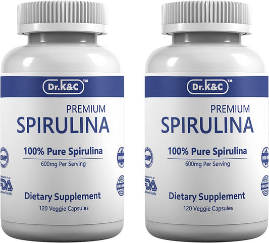Organic Spirulina Superfood Supplement Capsules - 600mg Blue Green Microalgae for Immune System & Antioxidants - Vegan, Non-GMO, 240 Capsules (2 Pack)