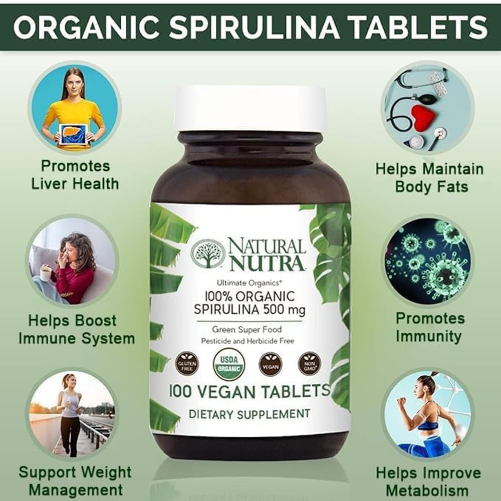 Organic Spirulina Tablets for Metabolism, Liver Health, and Immunity - 100 Vegan Tablets, 300mg