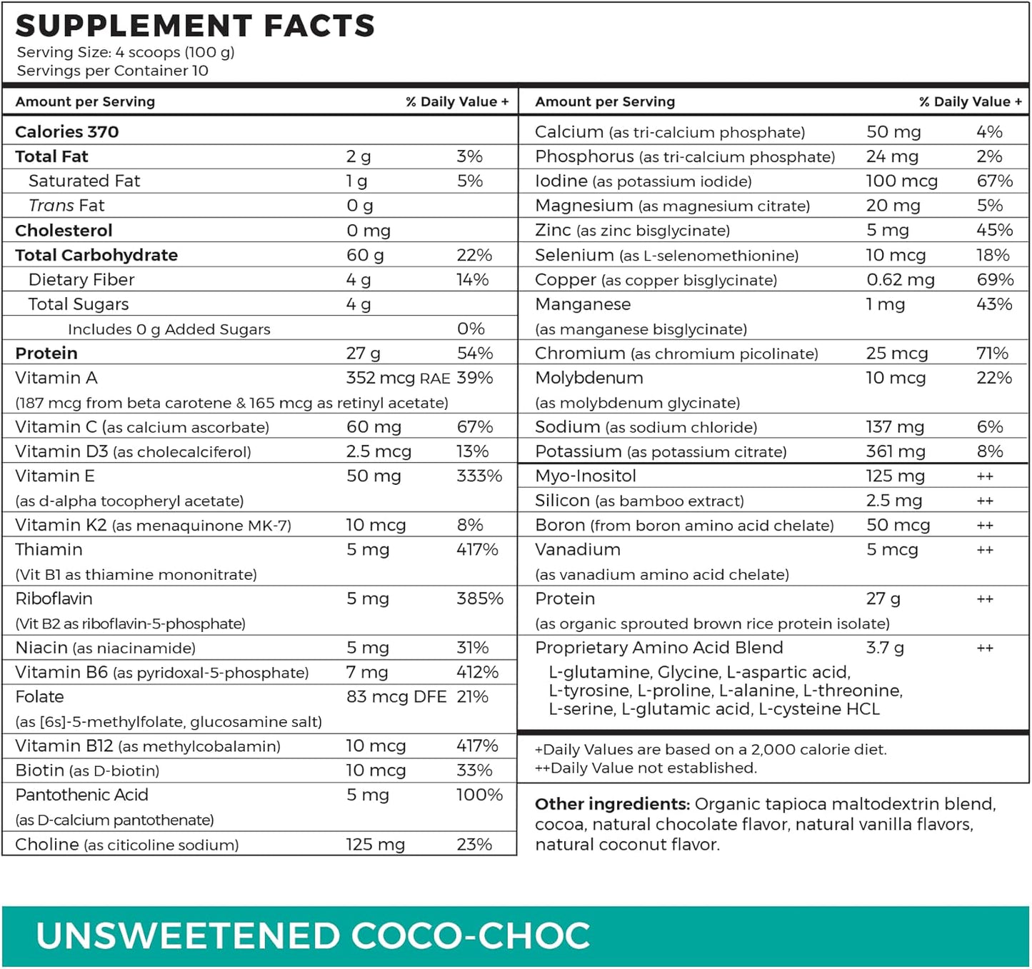 Organic Sprouted Rice Protein Isolate - Non-GMO, Gluten-Free, Vegan, Unsweetened Coco-Choc Flavor, Nutritional Support for Gut Health (2.2 lbs)