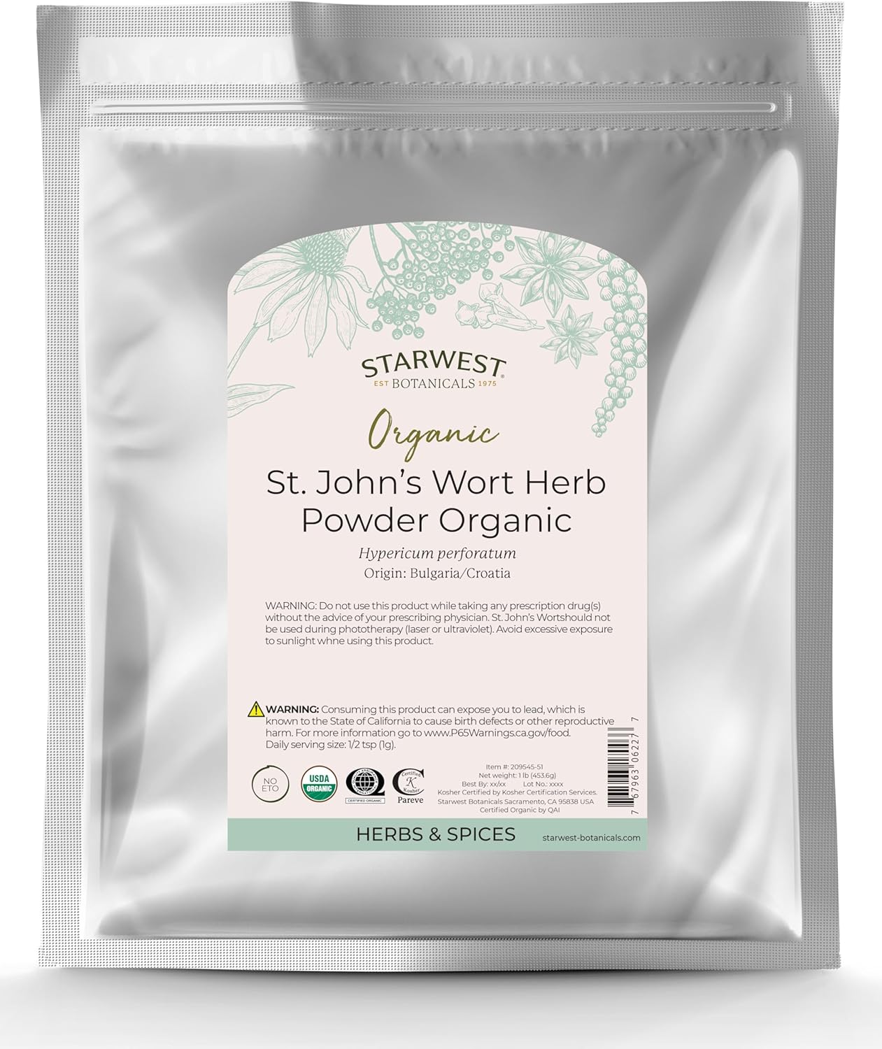 Organic St. John's Wort Herb Powder - 1 Pound by Starwest Botanicals