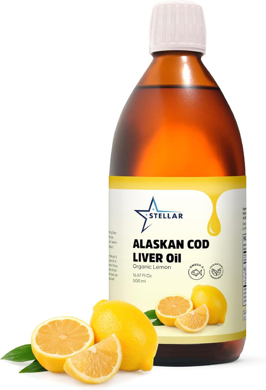 Organic Stellar Alaskan Cod Liver Oil with Omega-3 DHA/EPA & Vitamin D - Non-GMO, 16.67 oz - USA Wild-Caught - Supports Heart, Brain, Immune Health