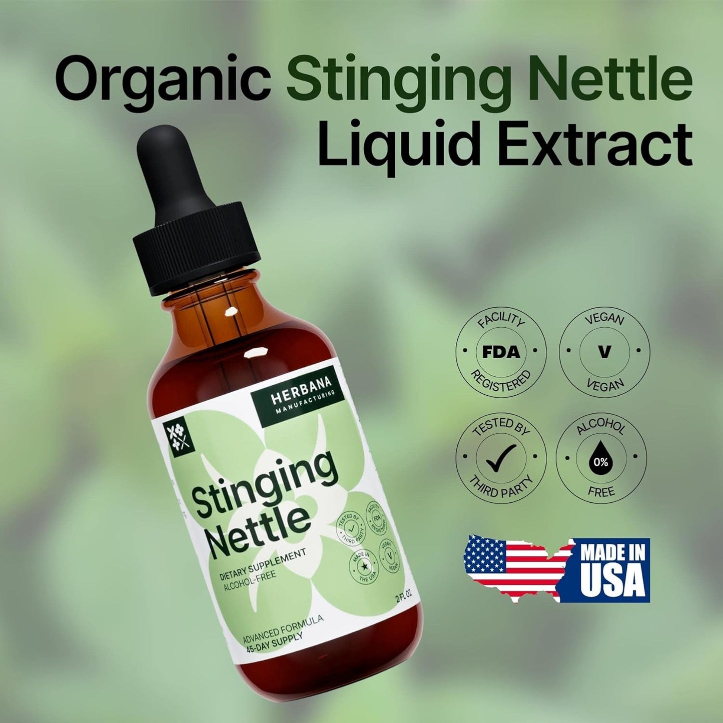 Organic Stinging Nettle Leaf and Root Liquid Extract - Herbal Kidney Support - 2 fl oz - High Potency Supplement - 45-Day Supply - Herbana Manufacturing
