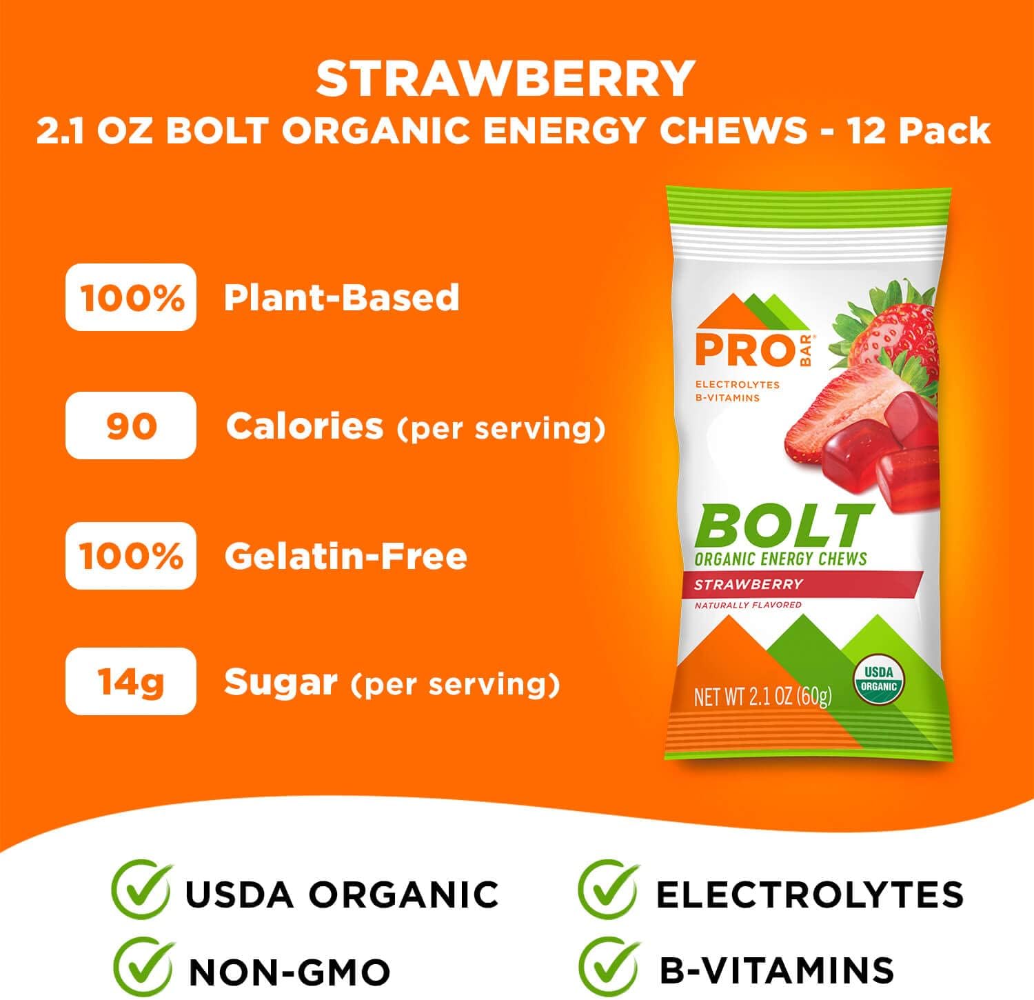 Organic Strawberry Energy Chews - Non-GMO, Gluten-Free, USDA Certified, Healthy Natural Energy Gummies with Vitamins B & C - 12 Count