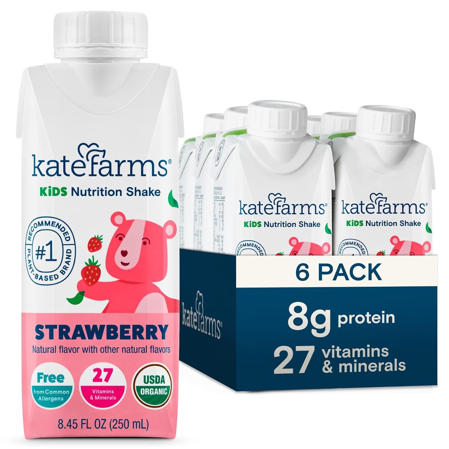 Organic Strawberry Kids Nutrition Shake - 8g Protein, 27 Vitamins, Gluten Free, Non-GMO - 8.45 oz (6 Pack)
