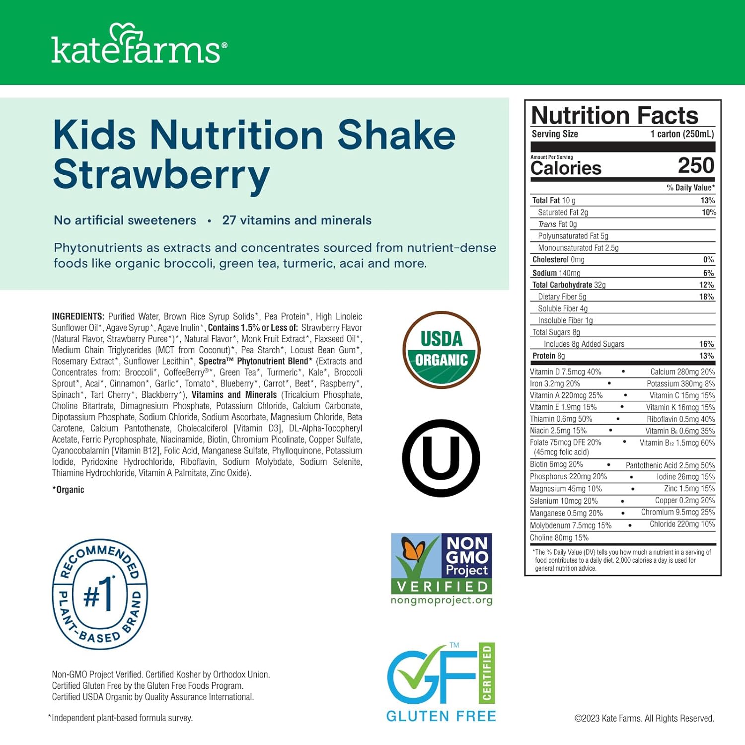 Organic Strawberry Kids Nutrition Shake - 8g Protein, 27 Vitamins, Gluten Free, Non-GMO - 8.45 oz (6 Pack)