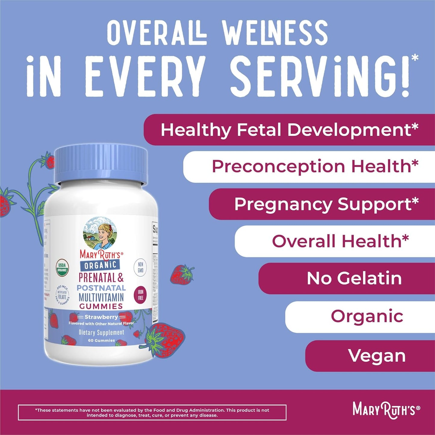 Organic Strawberry Prenatal Postnatal Multivitamin Gummies for Women - USDA Certified, Vegan, Gelatin-Free - Supports Breastfeeding, Beauty, & Immunity