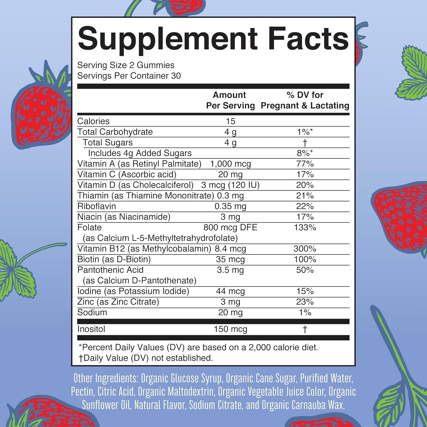 Organic Strawberry Prenatal Postnatal Multivitamin Gummies for Women - USDA Certified, Vegan, Gelatin-Free - Supports Breastfeeding, Beauty, & Immunity