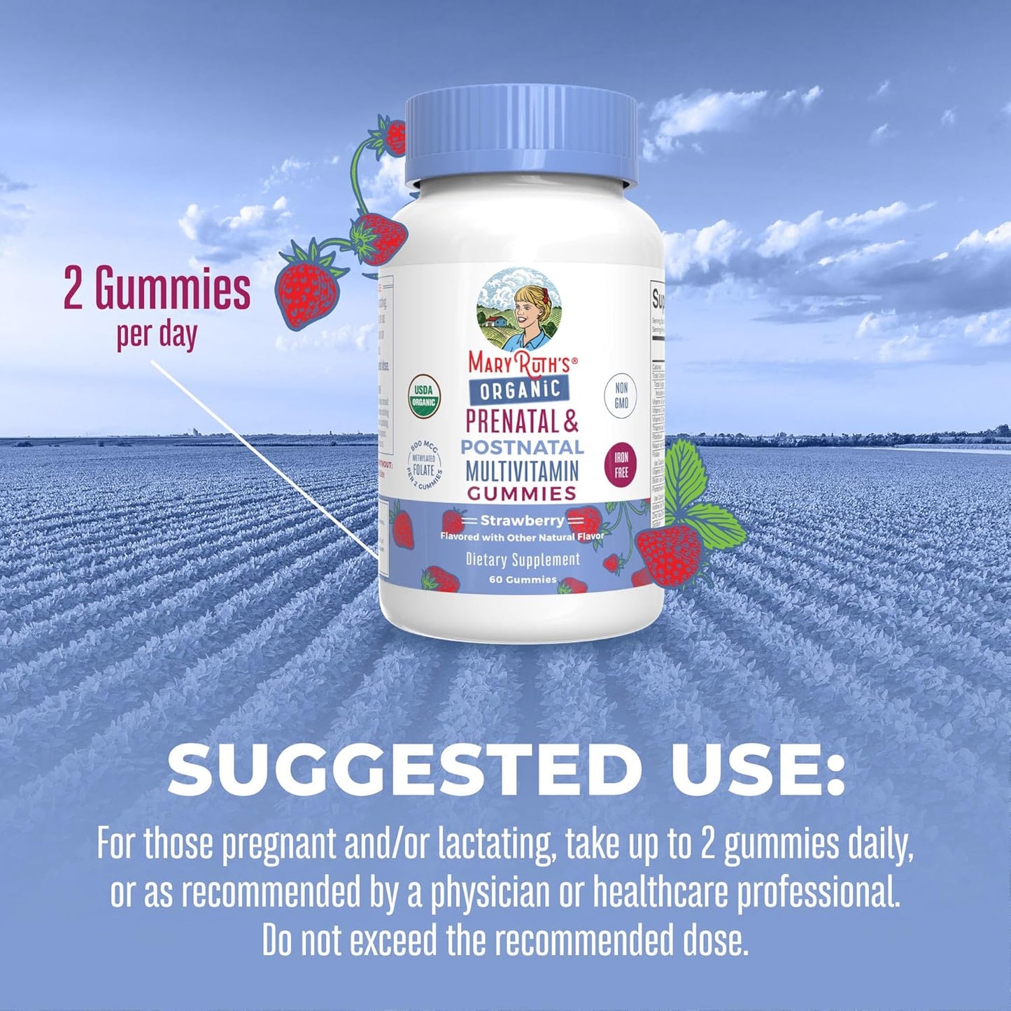 Organic Strawberry Prenatal Postnatal Multivitamin Gummies for Women - USDA Certified, Vegan, Gelatin-Free - Supports Breastfeeding, Beauty, & Immunity