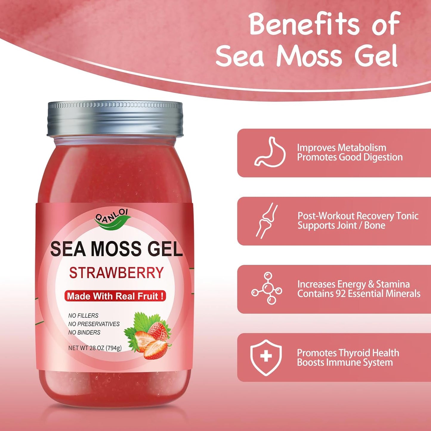 Organic Strawberry Sea Moss Gel - 28oz, 92 Vitamins & Minerals Supplement