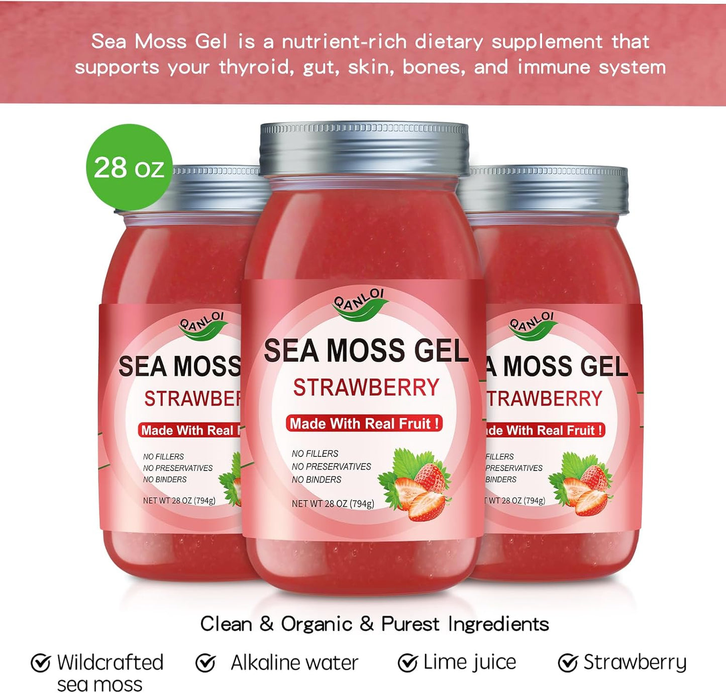 Organic Strawberry Sea Moss Gel - 28oz, 92 Vitamins & Minerals Supplement